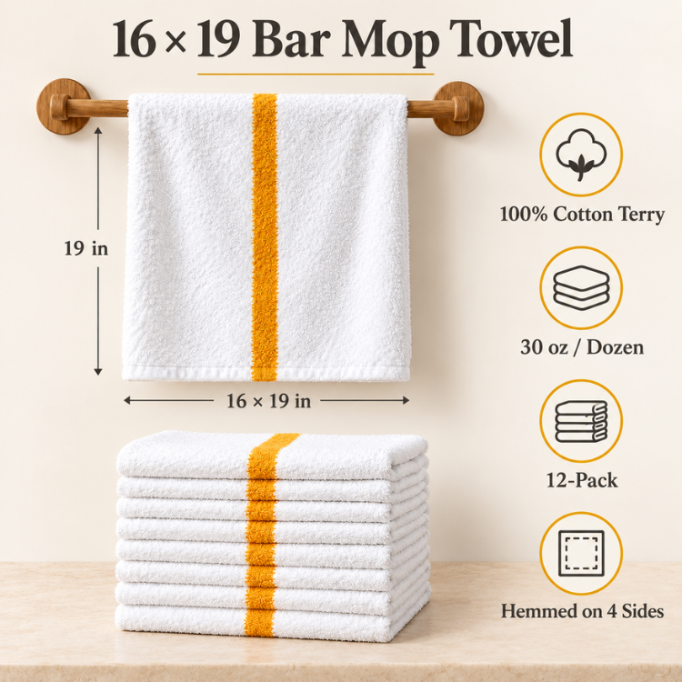 Pacific Linens 16×19 Bar Mop Towels, 12-Pack – 100% Cotton Terry, 30 oz/Dozen 7 bulk cotton bar mop towels