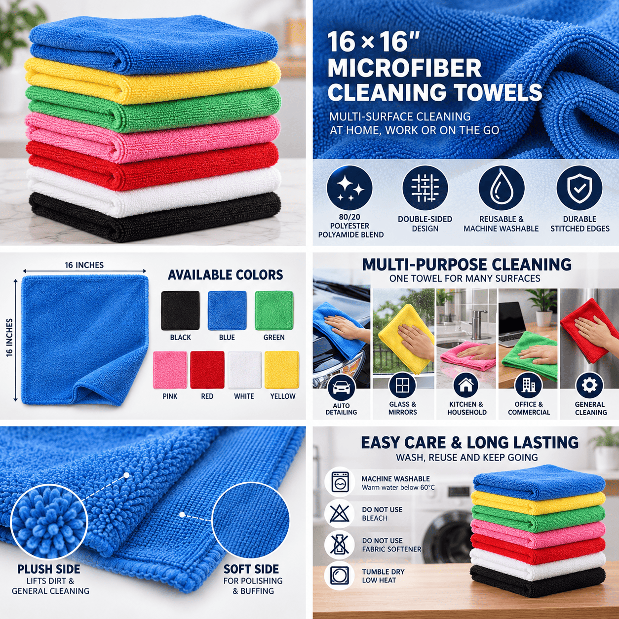 Pacific Linens 16×16 Microfiber Cleaning Towels, 12-Pack – 80/20 Blend for Auto Detailing & Multi-Surface Cleaning 5 microfiber towels 16x16 bulk