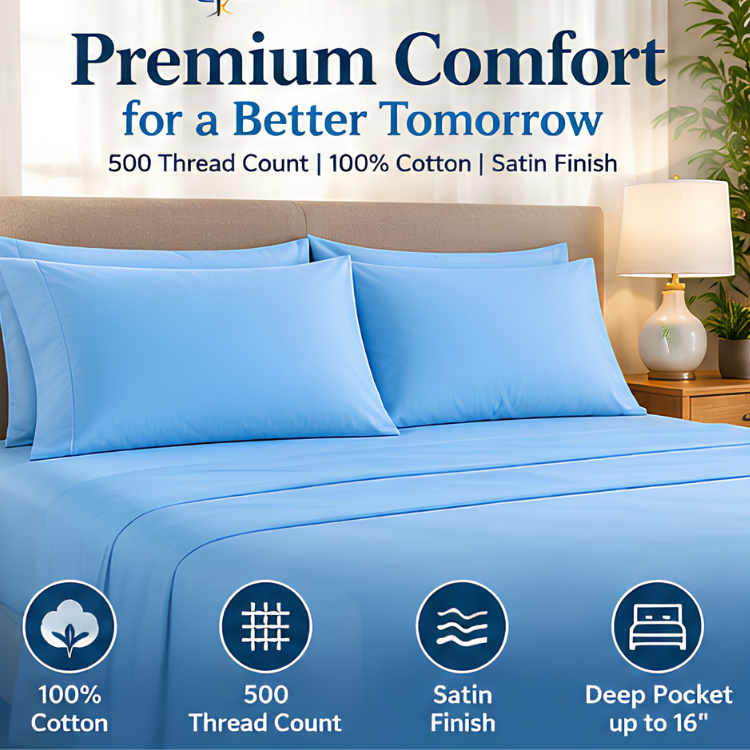 Pacific Linens 500 TC 100% Cotton Satin Sheet Set – Deep Pocket Luxury Bedding 1 Pacific Linens 500 thread count 100 cotton sheet set