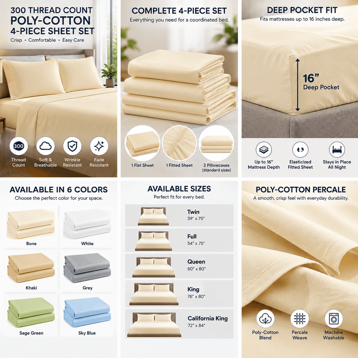 Pacific Linens 300 TC Poly-Cotton Percale 4-Piece Bed Sheet Set – Deep Pocket up to 16" 2 6 colors 300 thread count poly cotton deep pocket sheet set
