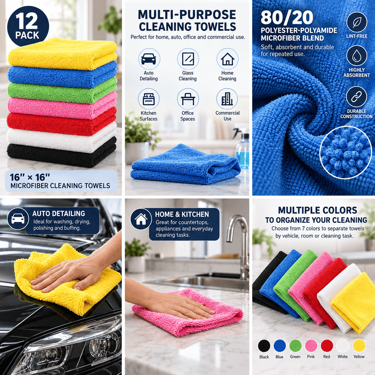 Pacific Linens 16×16 Microfiber Cleaning Towels, 12-Pack – 80/20 Blend for Auto Detailing & Multi-Surface Cleaning 2 Pacific Linens 16×16 Microfiber Cleaning Towels, 12-Pack – 80/20 Blend for Auto Detailing & Multi-Surface Cleaning - Image 2